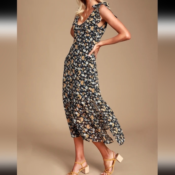 Lulu's Quite a Sight Black Floral Print Tie-Strap Midi Dress - Picture 2 of 12